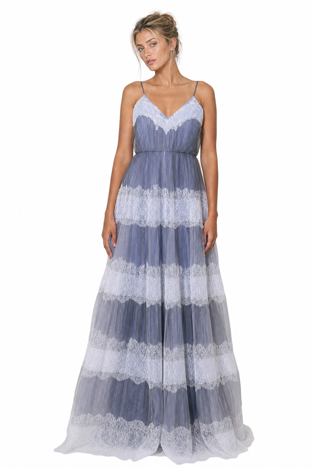 Valentino tiered lace-trimmed silk tulle evening gown in slate blue and ivory