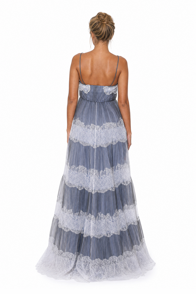 Valentino tiered lace-trimmed silk tulle evening gown in slate blue and ivory