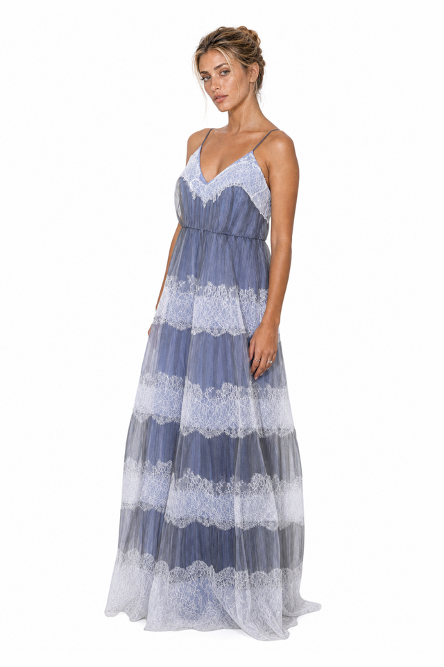 Valentino tiered lace-trimmed silk tulle evening gown in slate blue and ivory