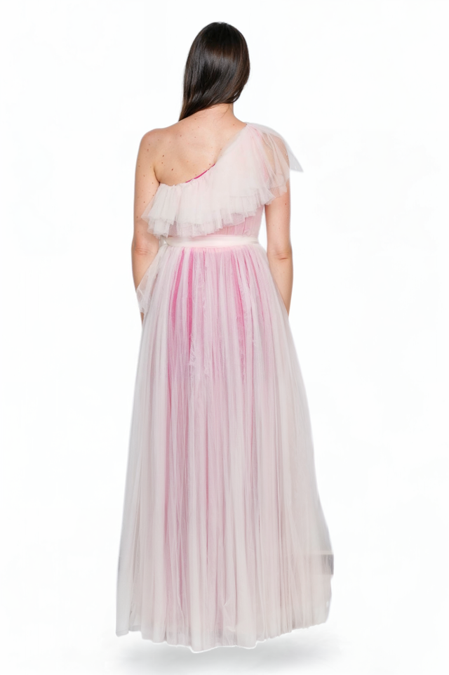 Valentino One-Shoulder Tulle Gown in Pink and White