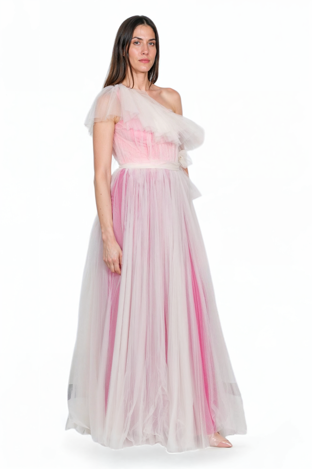 Valentino One-Shoulder Tulle Gown in Pink and White