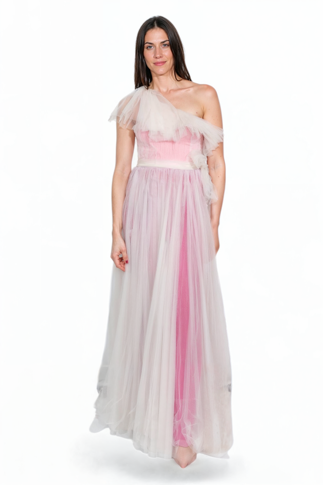 Valentino One-Shoulder Tulle Gown in Pink and White