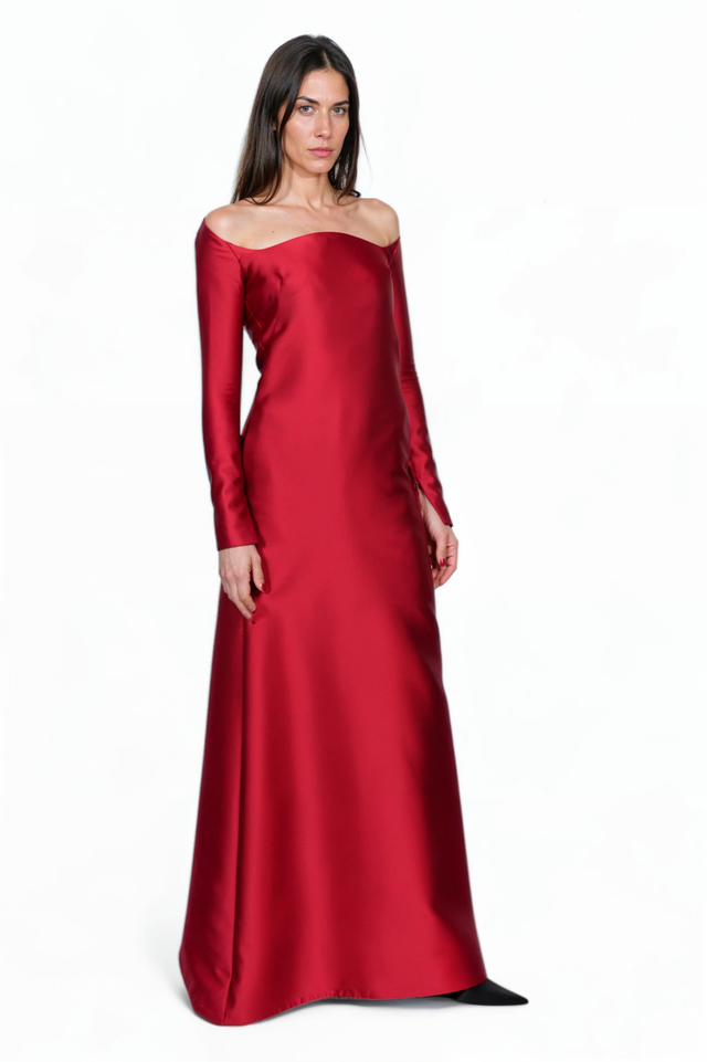 Valentino Off-Shoulder Satin Evening Gown in Red