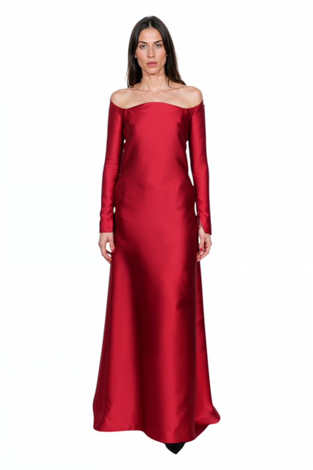 Valentino Off-Shoulder Satin Evening Gown in Red