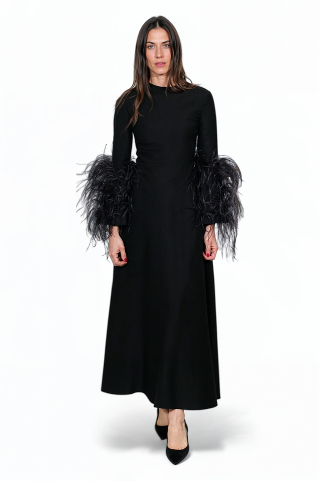 Valentino Black Midi Dress with Feathered Cuffs