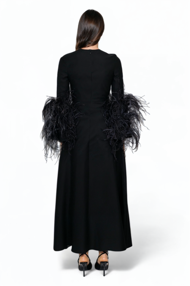 Valentino Black Midi Dress with Feathered Cuffs