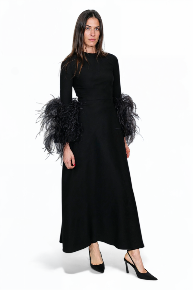 Valentino Black Midi Dress with Feathered Cuffs