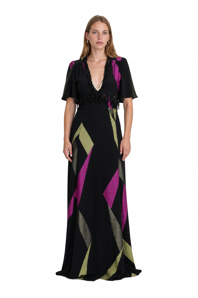Etro black colour-block gown with beaded fringe V-neckline and flutter sleeves – front view