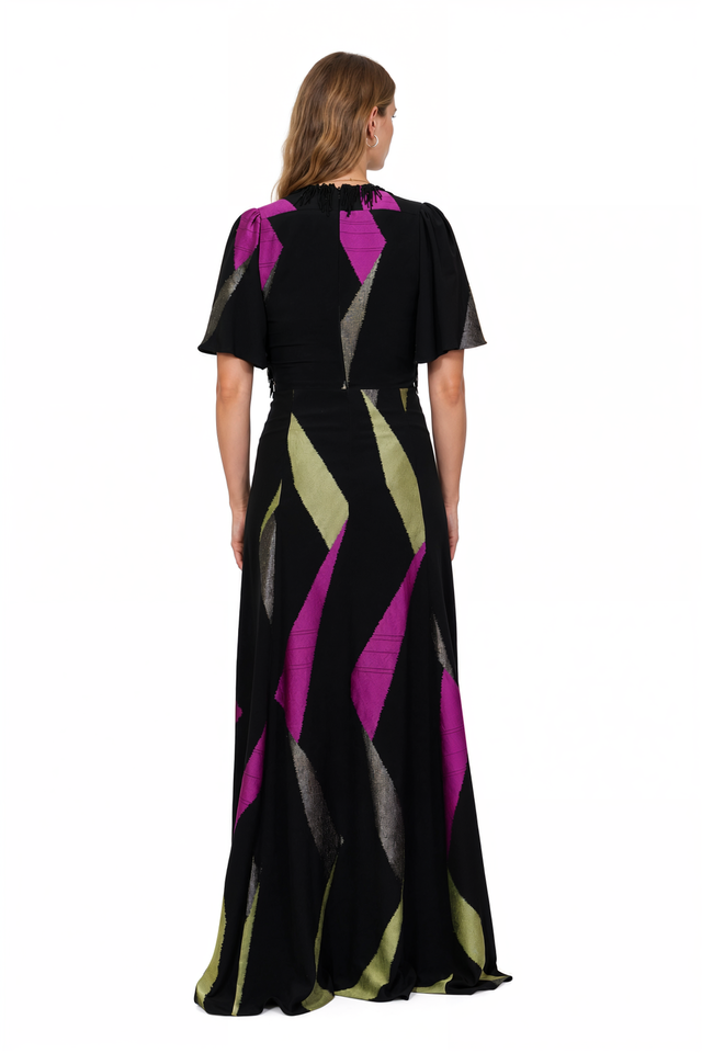 Back view of an Etro colour-block patchwork gown with flutter sleeves