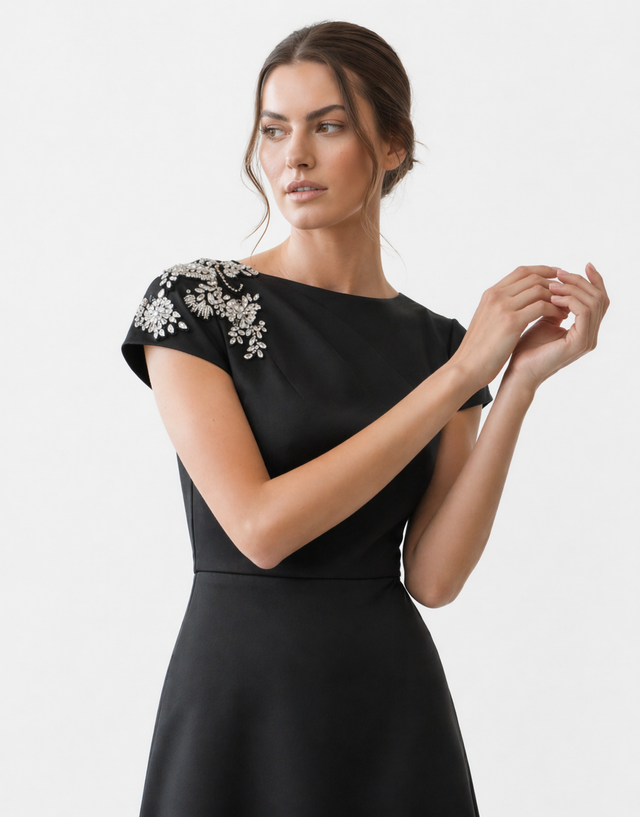Close-up of crystal and bead floral embellishment on the shoulder of a black Mikael Aghal cap sleeve gown