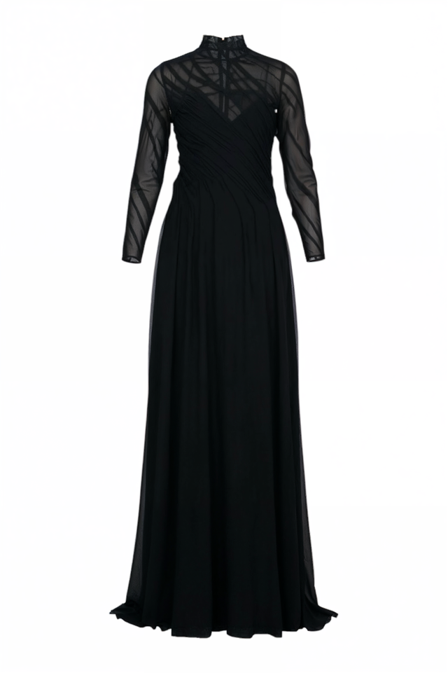 Valentino Sheer Tulle Draped Black Gown