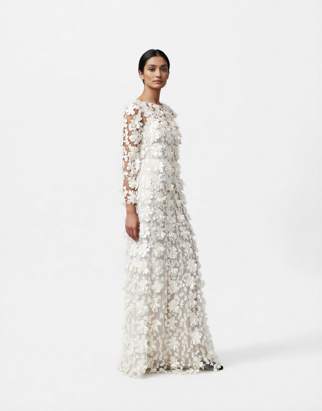 Valentino Floral Appliqué Long-Sleeve Evening Gown