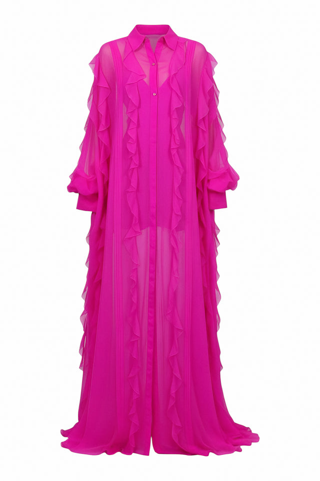 Valentino Fuchsia Silk Ruffle Gown with Cape Overlay