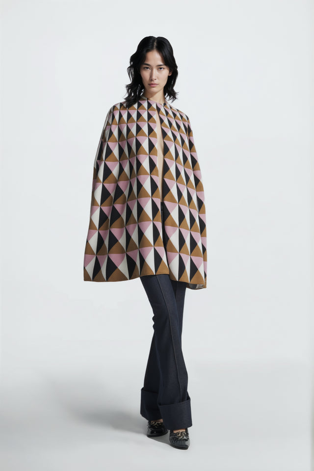 Valentino Geometric Print Cape Coat in Pink, Camel, and Black