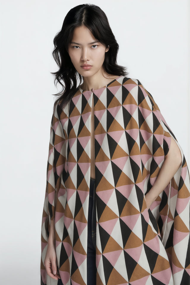 Valentino Geometric Print Cape Coat in Pink, Camel, and Black