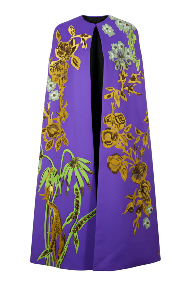 Valentino Floral Embroidered Silk Cape — Violet & Gold