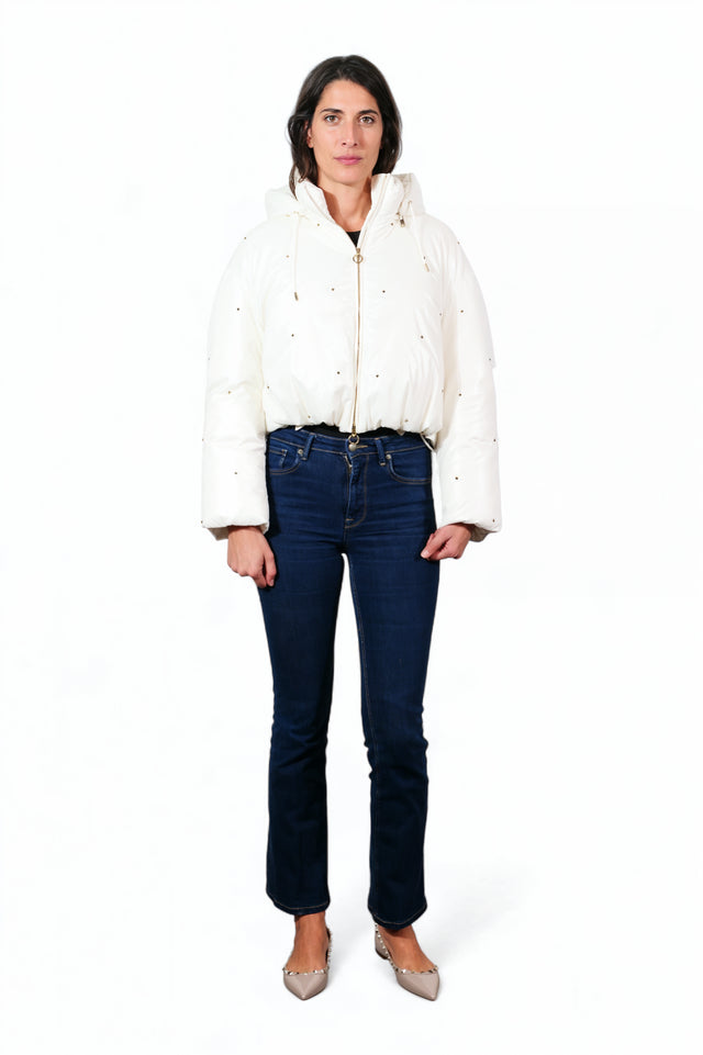 Valentino White Down Hooded Puffer Jacket with Stud Detailing