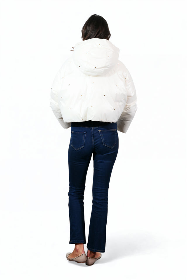 Valentino White Down Hooded Puffer Jacket with Stud Detailing