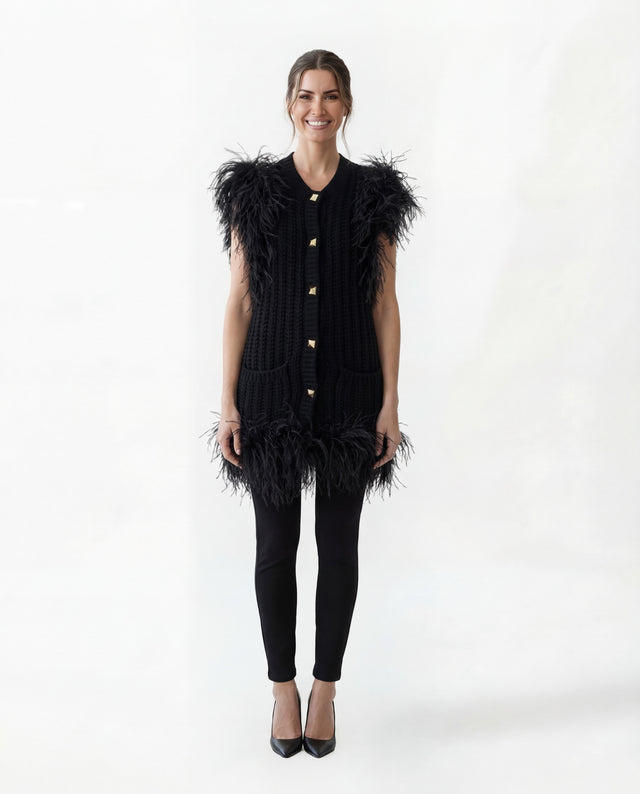 Valentino Black Feather Trim Knit Vest