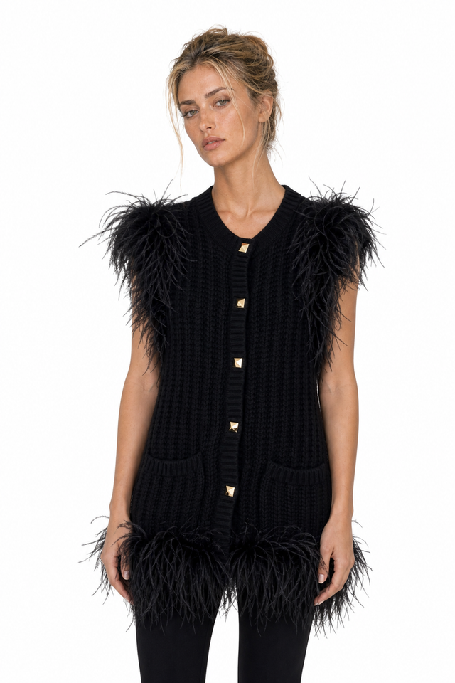 Valentino Black Feather Trim Knit Vest