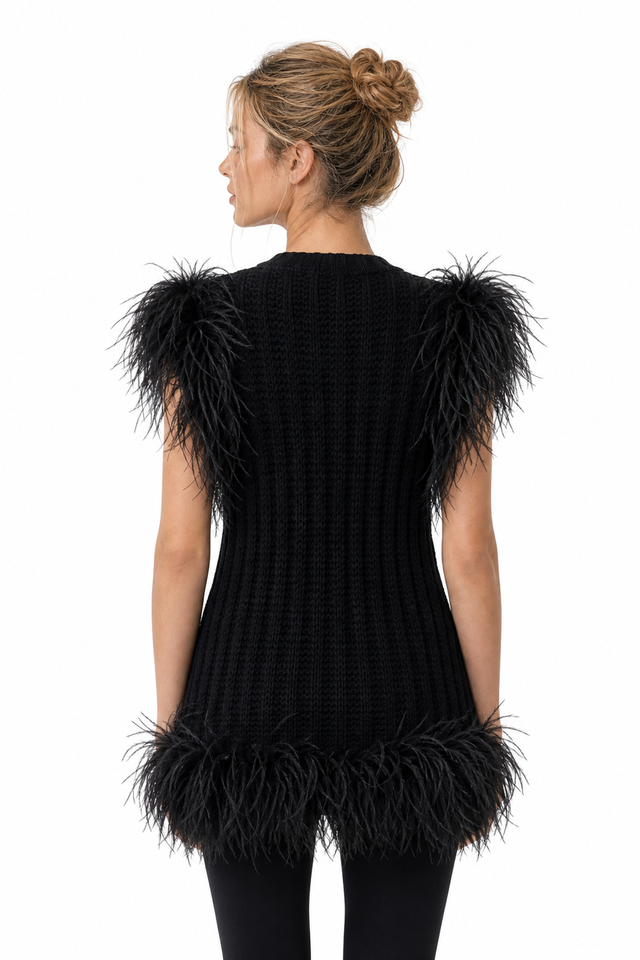 Valentino Black Feather Trim Knit Vest