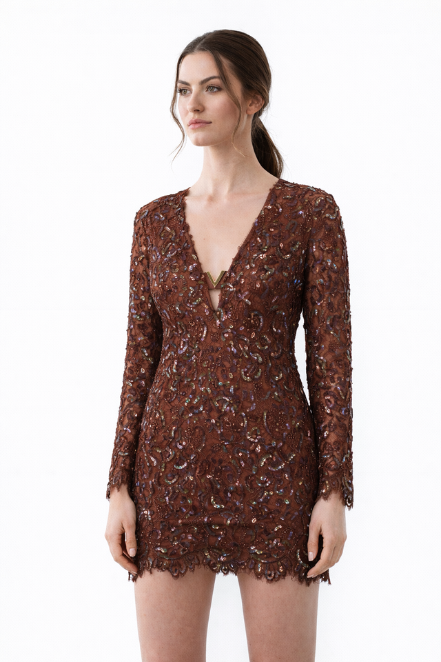 Valentino Brown Embellished Lace Mini Dress