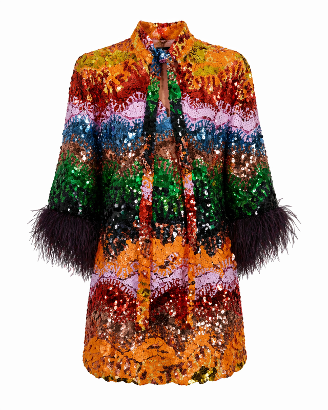 Valentino Multicolor Sequin Mini Dress with Logo Detail & Feather Cuffs