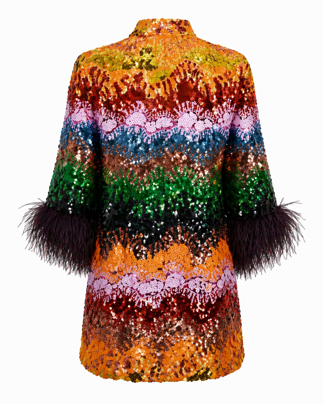 Valentino Multicolor Sequin Mini Dress with Logo Detail & Feather Cuffs