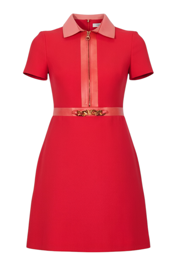 Valentino red wool mini dress with black leather trim and gold V waist ornament