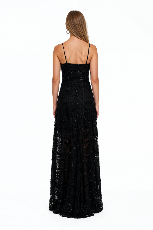 Valentino black beaded lace camisole evening gown with corset bodice and A-line skirt