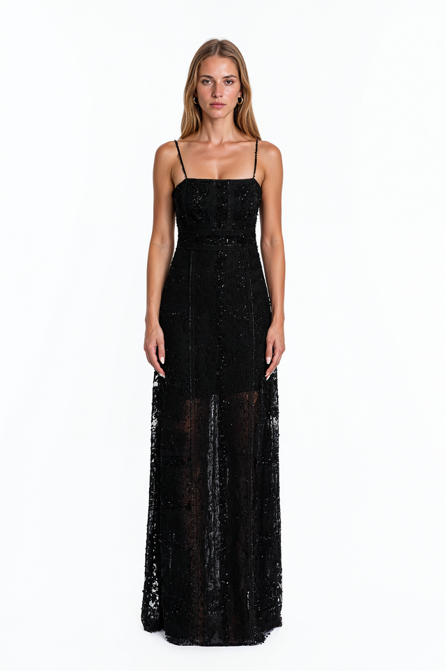 Valentino black beaded lace camisole evening gown with corset bodice and A-line skirt
