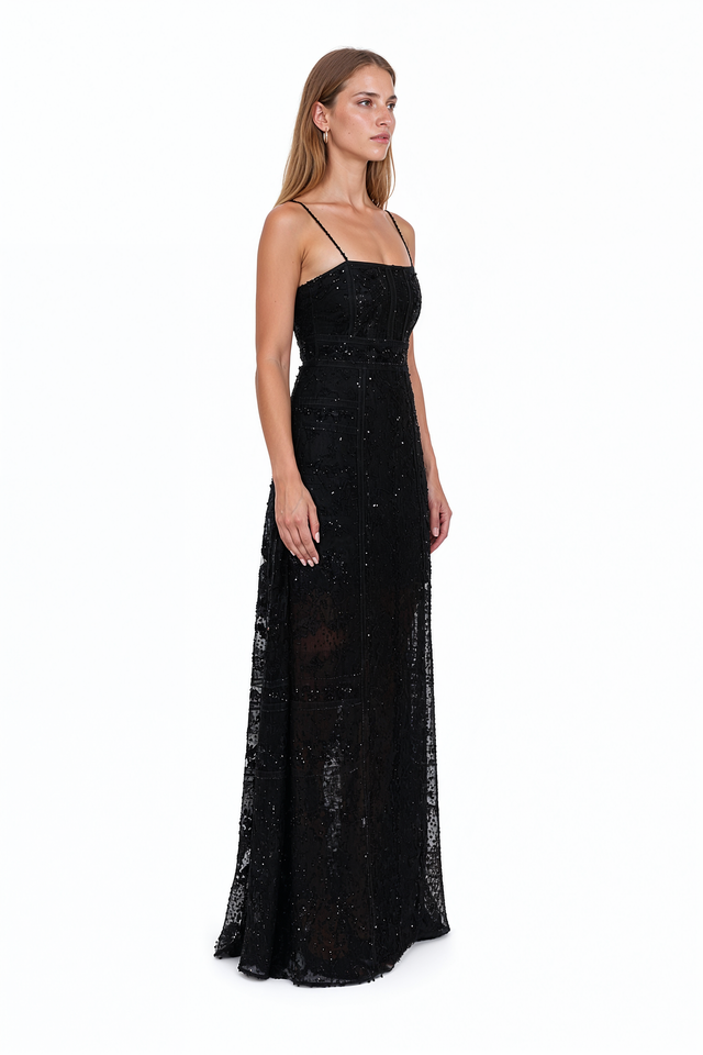 Valentino black beaded lace camisole evening gown with corset bodice and A-line skirt