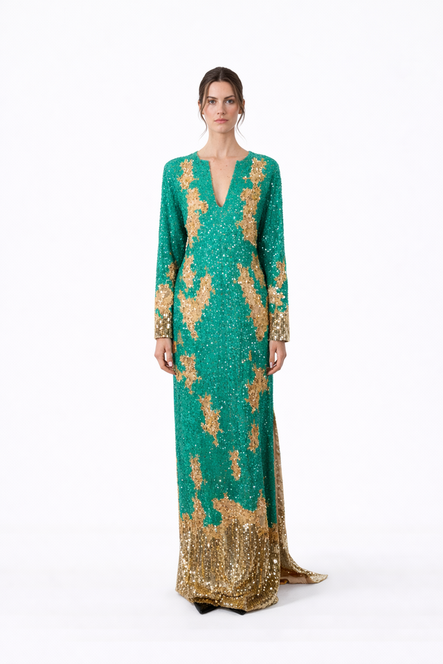 Valentino Emerald Green & Gold Embellished Long-Sleeve Evening Gown