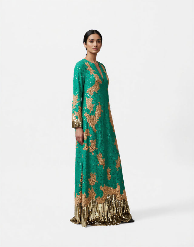 Valentino Emerald Green & Gold Embellished Long-Sleeve Evening Gown