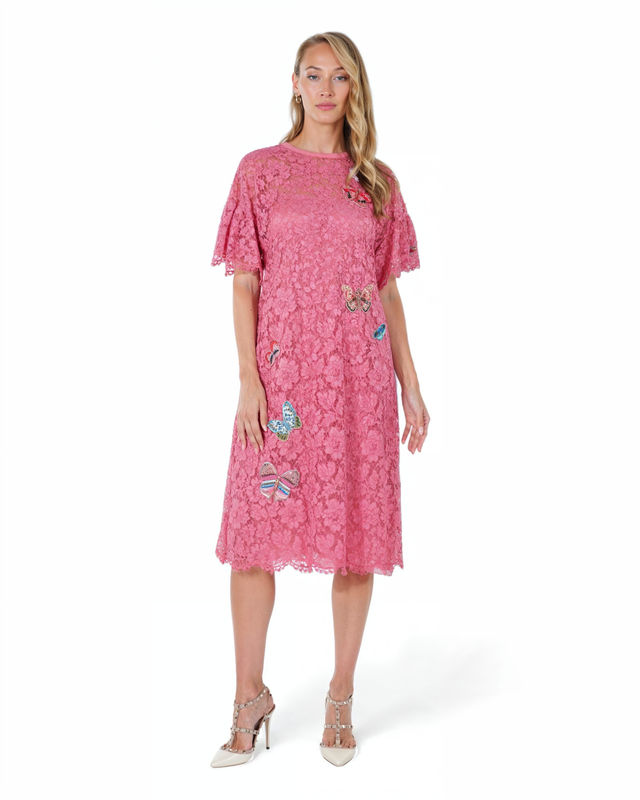 Valentino Pink Lace Butterfly Embroidered Dress