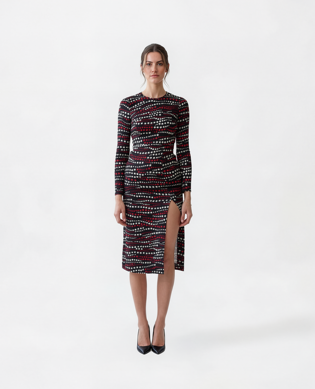 Red Valentino Star Print Long Sleeve Midi Dress with Side Slit