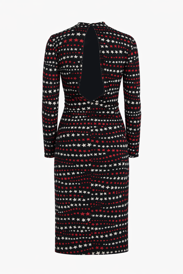 Red Valentino Star Print Long Sleeve Midi Dress with Side Slit