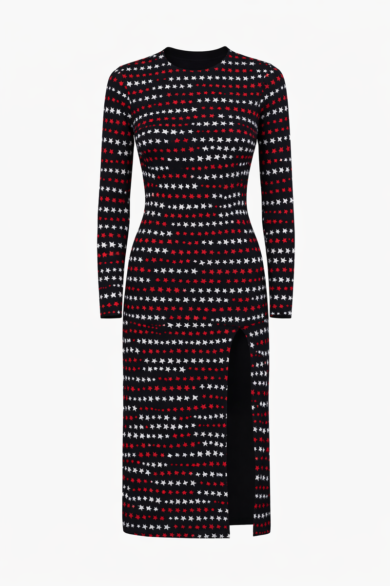 Red Valentino Star Print Long Sleeve Midi Dress with Side Slit