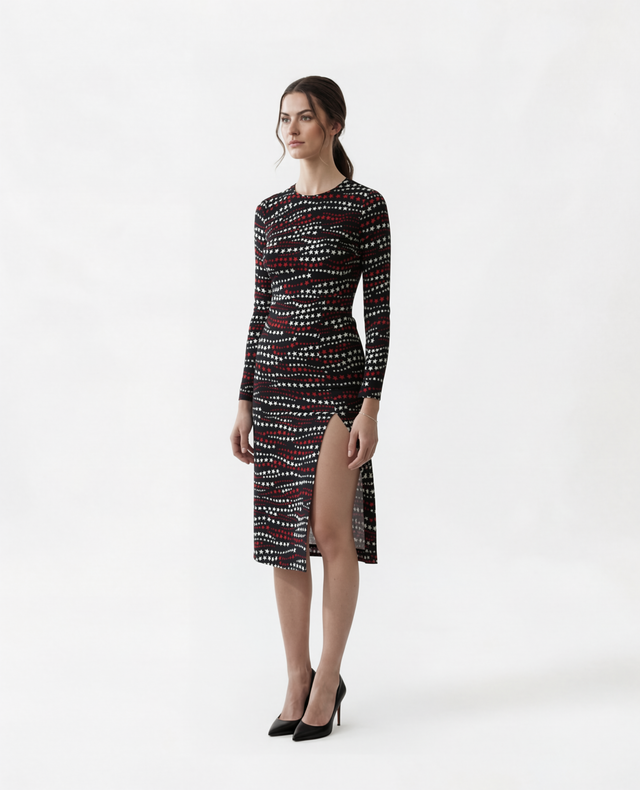 Red Valentino Star Print Long Sleeve Midi Dress with Side Slit