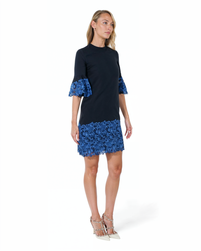 Valentino Black Mini Dress with Blue Floral Lace Detail