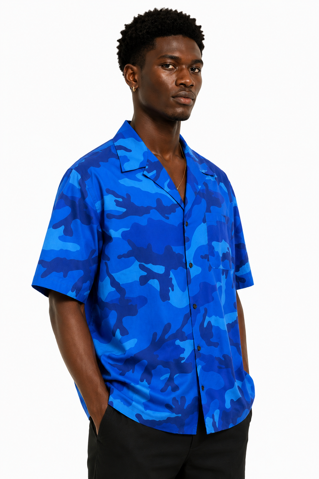 Valentino Men’s Blue Camouflage Camp Collar Short Sleeve Shirt