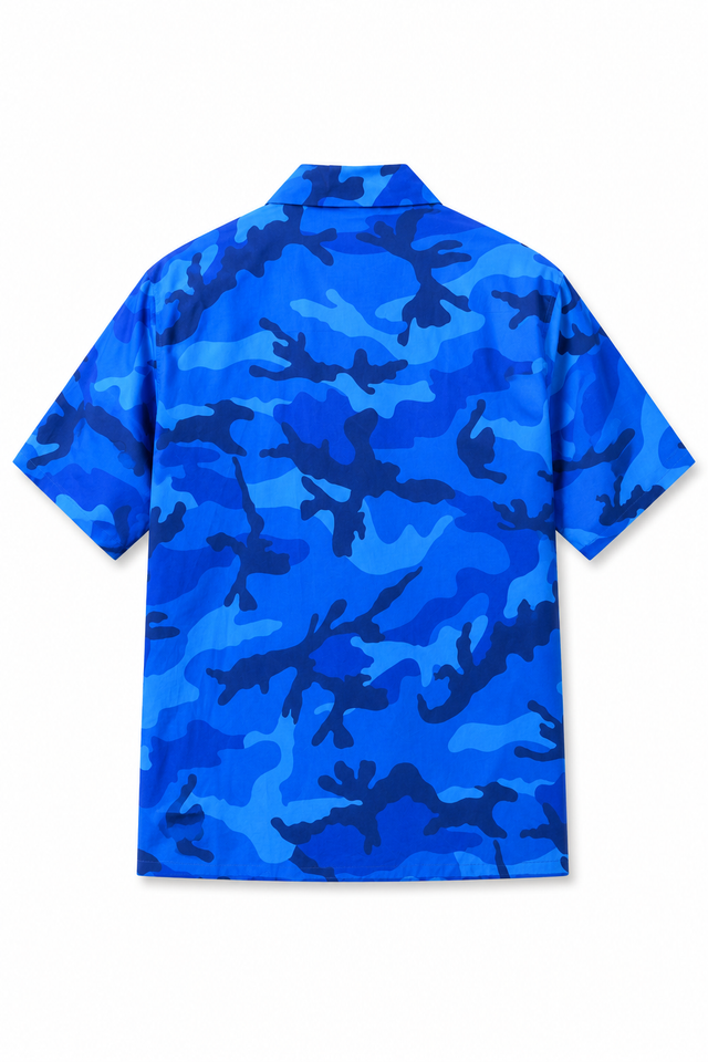 Valentino Men’s Blue Camouflage Camp Collar Short Sleeve Shirt