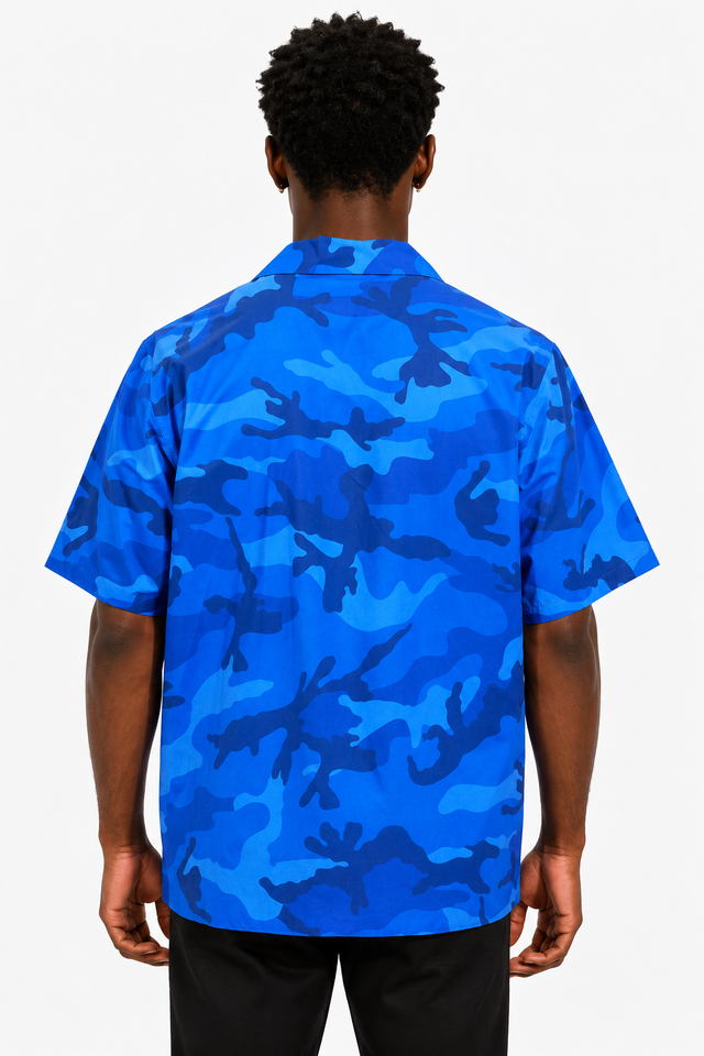 Valentino Men’s Blue Camouflage Camp Collar Short Sleeve Shirt