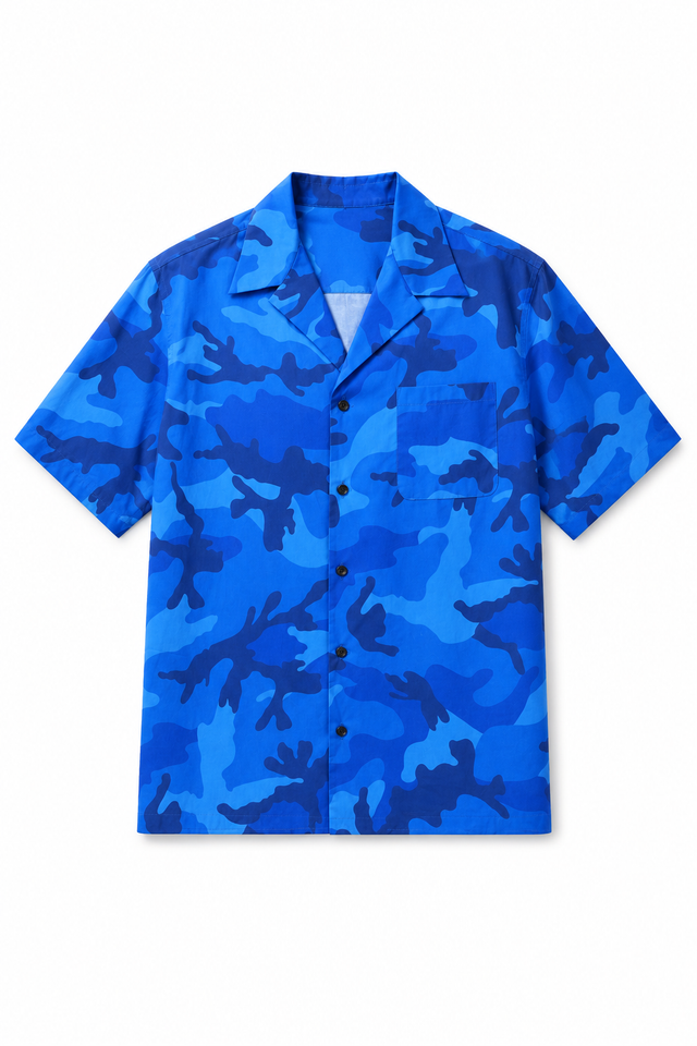 Valentino Men’s Blue Camouflage Camp Collar Short Sleeve Shirt