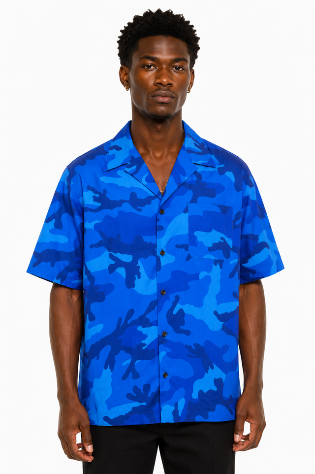 Valentino Men’s Blue Camouflage Camp Collar Short Sleeve Shirt