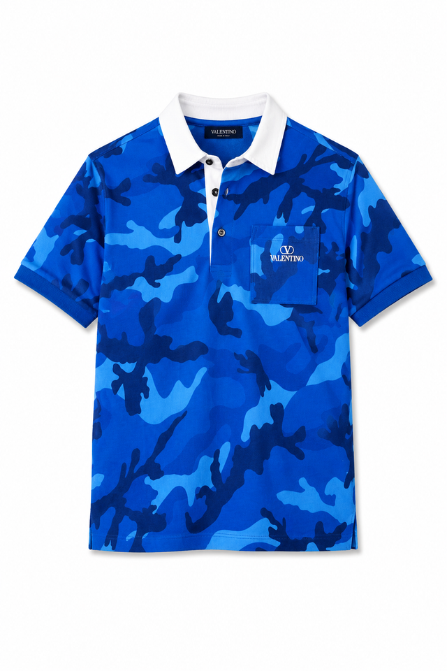 Valentino Men’s Blue Camouflage Logo Polo Shirt