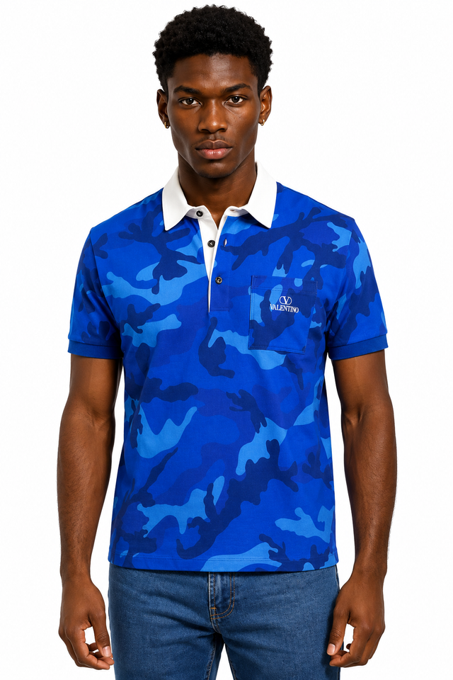 Valentino Men’s Blue Camouflage Logo Polo Shirt