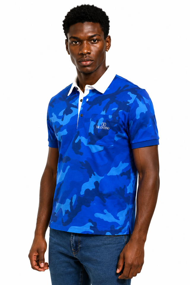 Valentino Men’s Blue Camouflage Logo Polo Shirt