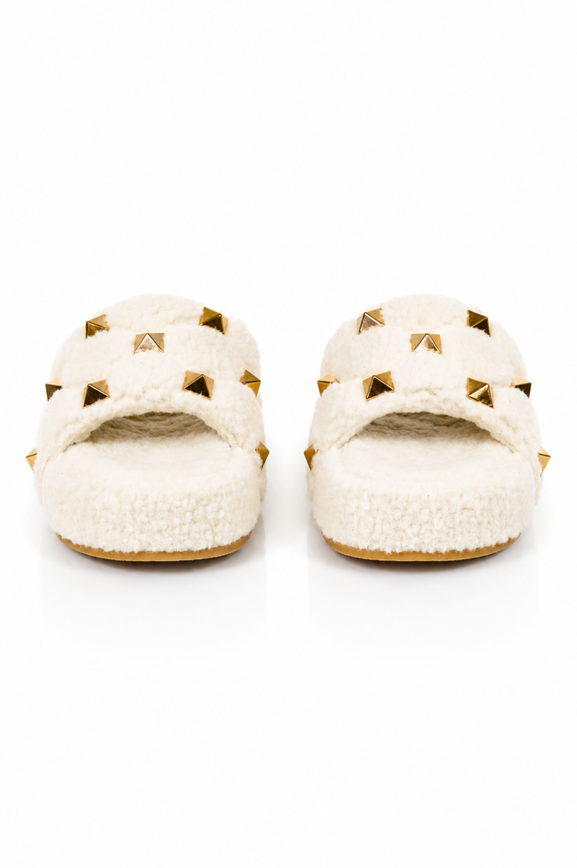 Valentino Garavani Roman Stud Shearling Slide Sandals in Ivory