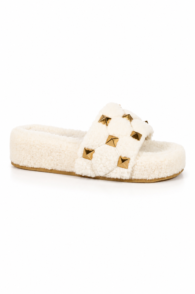 Valentino Garavani Roman Stud Shearling Slide Sandals in Ivory